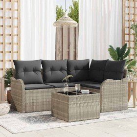 Conjunto de sofá de jardín con cojín 5 pcs Gris Poliratán
