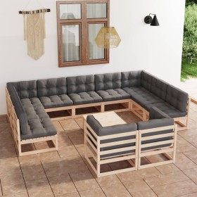 Muebles de jardín 12 pzas con cojines de madera de pino maciza