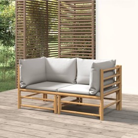 Sofás de esquina de jardín con cojines gris claro 2 uds bambú