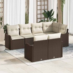 Conjunto de sofá de jardín con cojín 7 pcs Marrón Poliratán