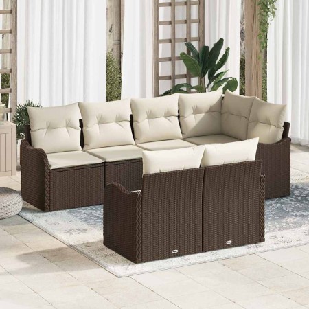 Conjunto de sofá de jardín con cojín 7 pcs Marrón Poliratán