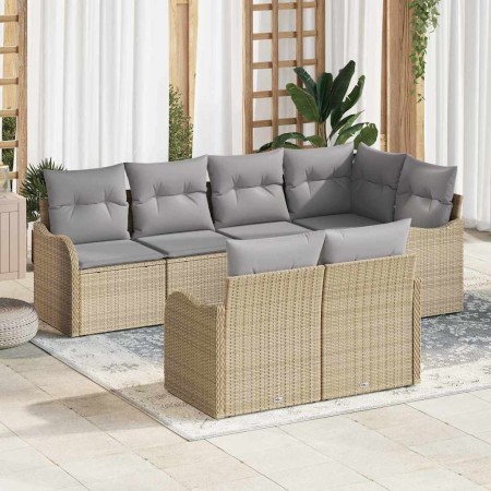 Conjunto de sofá de jardín con cojín 7 pcs Beige Poliratán