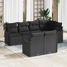 Conjunto de sofá de jardín con cojín 7 pcs Negro Poliratán