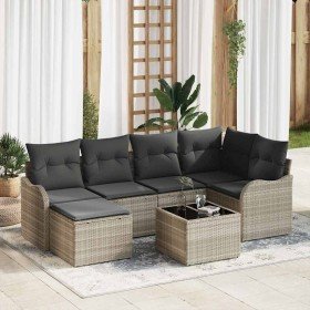 Conjunto de sofá de jardín con cojín 7 pcs Gris claro Poliratán Conjunto de sofá de jardín con cojín 7 pcs Gris claro Poliratán