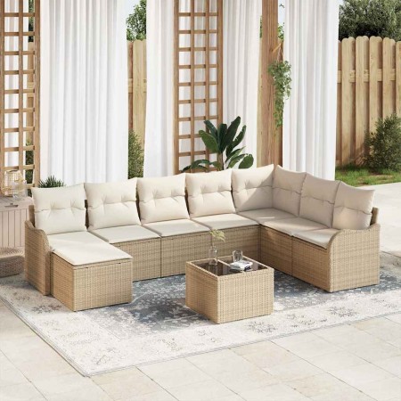 Conjunto de sofá de jardín 9 pcs Beige y blanco Poliratán