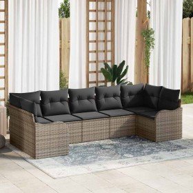 Conjunto de sofá de jardín con cojín 7 pcs Gris Poliratán Conjunto de sofá de jardín con cojín 7 pcs Gris Poliratán