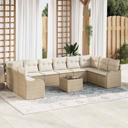 Conjunto de sofá de jardín 11 pcs Beige y blanco Poliratán