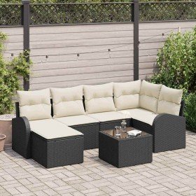 Conjunto de sofá de jardín 7 pcs Negro y blanco Poliratán