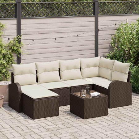 Conjunto de sofá de jardín 7 pcs Marrón y blanco Poliratán