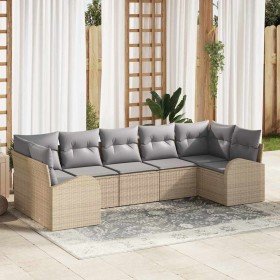 Conjunto de sofá de jardín 7 pcs beige y gris claro Poliratán