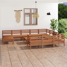 Juego muebles de jardín 12 pzas madera maciza pino marrón miel