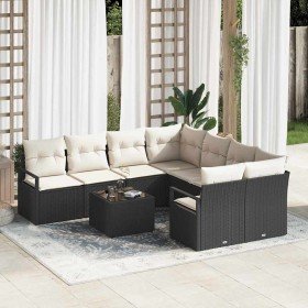 Conjunto de sofá de jardín 9 pcs Negro y crema 55 x 55 x 37 cm