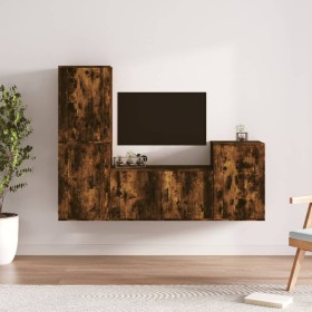 Set de muebles de TV 4 pzas madera contrachapada roble ahumado
