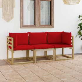 Sofá de jardín de 3 plazas con cojines rojos