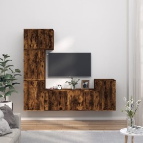 Set de muebles de TV 5 pzas madera contrachapada roble ahumado