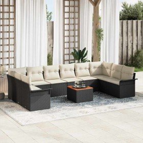 Conjunto de sofá de jardín 11 pcs Negro y crema 55 x 55 x 37 cm