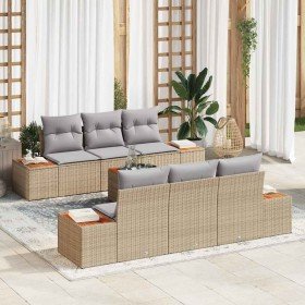 Conjunto de sofá de jardín con cojín 7 pcs Beige Poliratán Conjunto de sofá de jardín con cojín 7 pcs Beige Poliratán