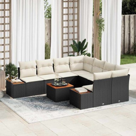 Conjunto de sofá de jardín con cojín 9 pcs Negro Poliratán