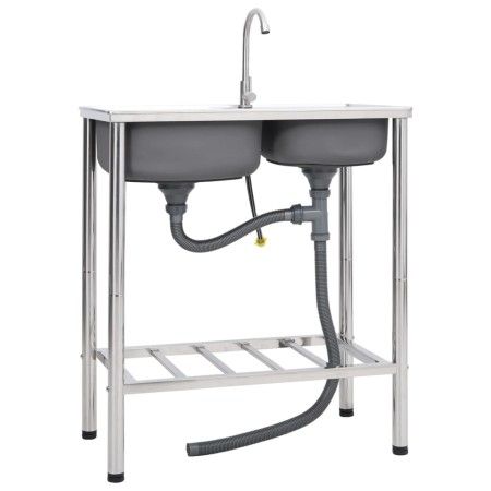 Doppelbecken-Campingspüle und Wasserhahn aus Edelstahl von vidaXL, Sinkt - Ref: Foro24-151211, Preis: 198,69 €, Rabatt: %