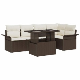 Conjunto de sofá de jardín con cojín 6 pcs Marrón Poliratán