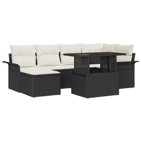 Conjunto de sofá de jardín con cojín 7 pcs Negro Poliratán