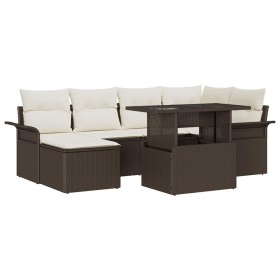 Conjunto de sofá de jardín con cojín 7 pcs Marrón Poliratán