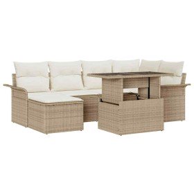 Conjunto de sofá de jardín con cojín 7 pcs Beige Poliratán Conjunto de sofá de jardín con cojín 7 pcs Beige Poliratán