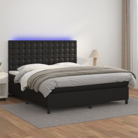 Cama box spring colchón y LED cuero sintético negro 160x200 cm