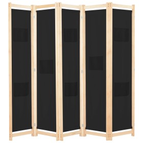 Biombo divisor de 5 paneles de tela negro 200x170x4 cm