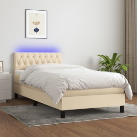 Cama box spring colchón y luces LED tela crema 100x200 cm