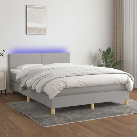 Cama box spring colchón y luces LED tela gris claro 140x190 cm