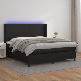 Cama box spring colchón y LED cuero sintético negro 160x200 cm