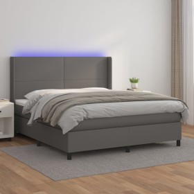 Cama box spring colchón y LED cuero sintético gris 160x200 cm