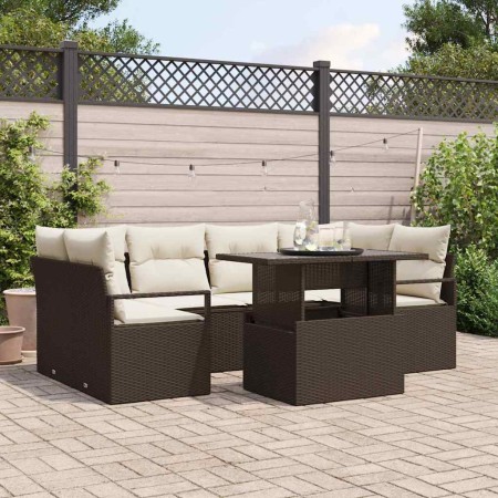 Conjunto de sofá de jardín 7 pcs Marrón Poliratán
