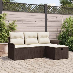 Conjunto de sofá de jardín con cojín 4 pcs Marrón y crema