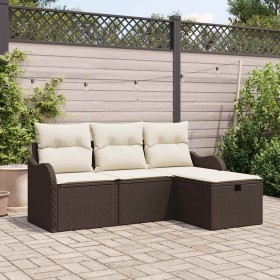 Conjunto de sofá de jardín con cojín 4 pcs Marrón y crema