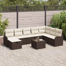 Conjunto de sofá de jardín con cojín 9 pcs Marrón y crema