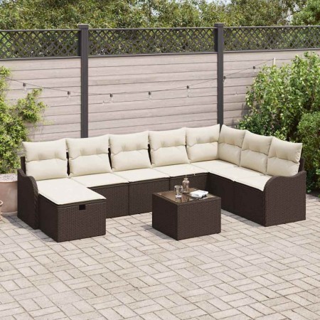 Conjunto de sofá de jardín con cojín 9 pcs Marrón y crema