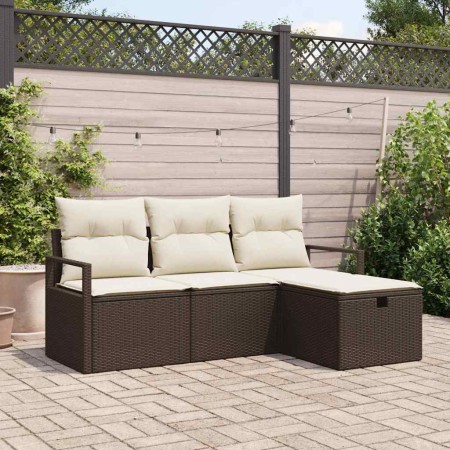 Conjunto de sofá de jardín con cojín 4 pcs Marrón y crema