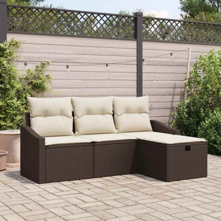 Conjunto de sofá de jardín con cojín 4 pcs Marrón Poliratán