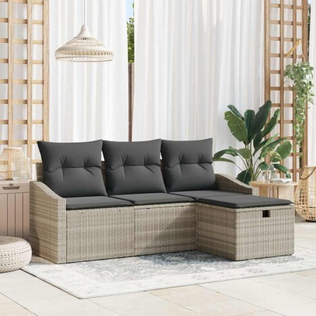 Conjunto de sofá de jardín con cojín 4 pcs Gris claro Poliratán