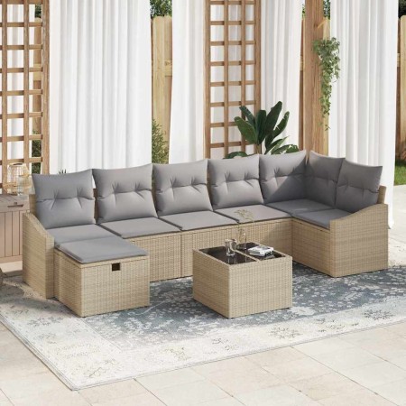 Conjunto de sofá de jardín con cojín 8 pcs Beige Poliratán