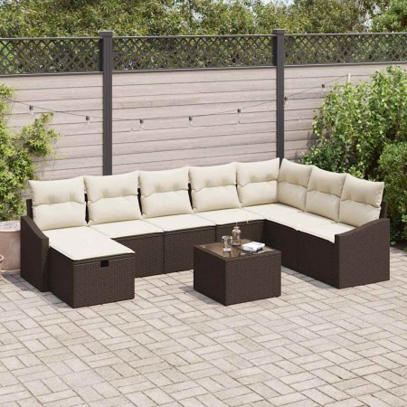 Conjunto de sofá de jardín con cojín 9 pcs Marrón Poliratán