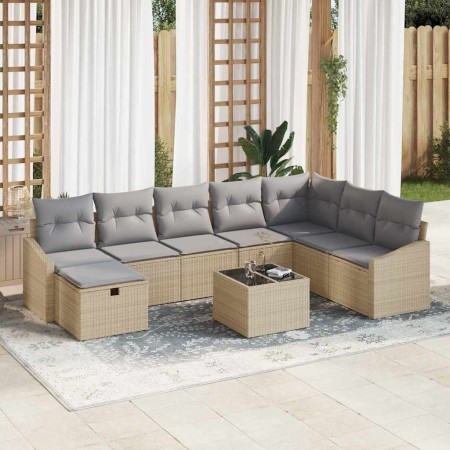 Conjunto de sofá de jardín con cojín 9 pcs Beige Poliratán