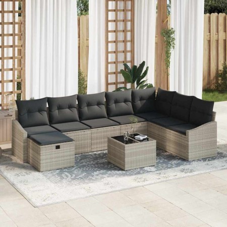 Conjunto de sofá de jardín con cojín 9 pcs Gris claro Poliratán
