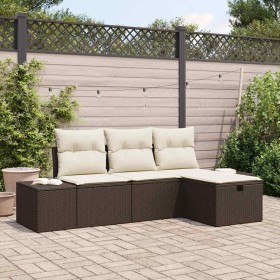 Conjunto de sofá de jardín con cojín 4 pcs Marrón Poliratán