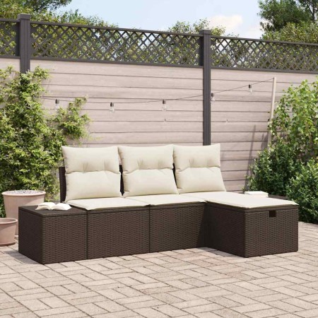 Conjunto de sofá de jardín con cojín 4 pcs Marrón Poliratán