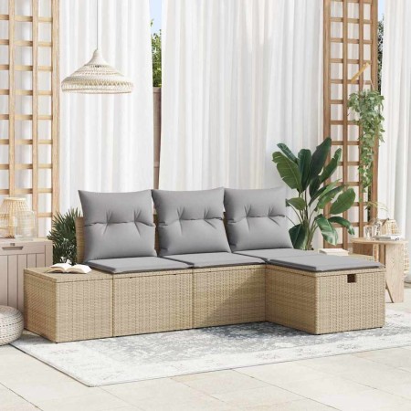 Conjunto de sofá de jardín con cojín 4 pcs Beige Poliratán