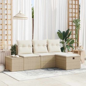 Conjunto de sofá de jardín con cojín 4 pcs Beige Poliratán