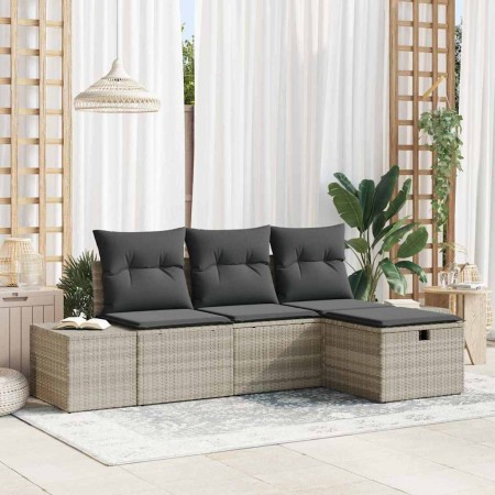 Conjunto de sofá de jardín con cojín 4 pcs Gris claro Poliratán